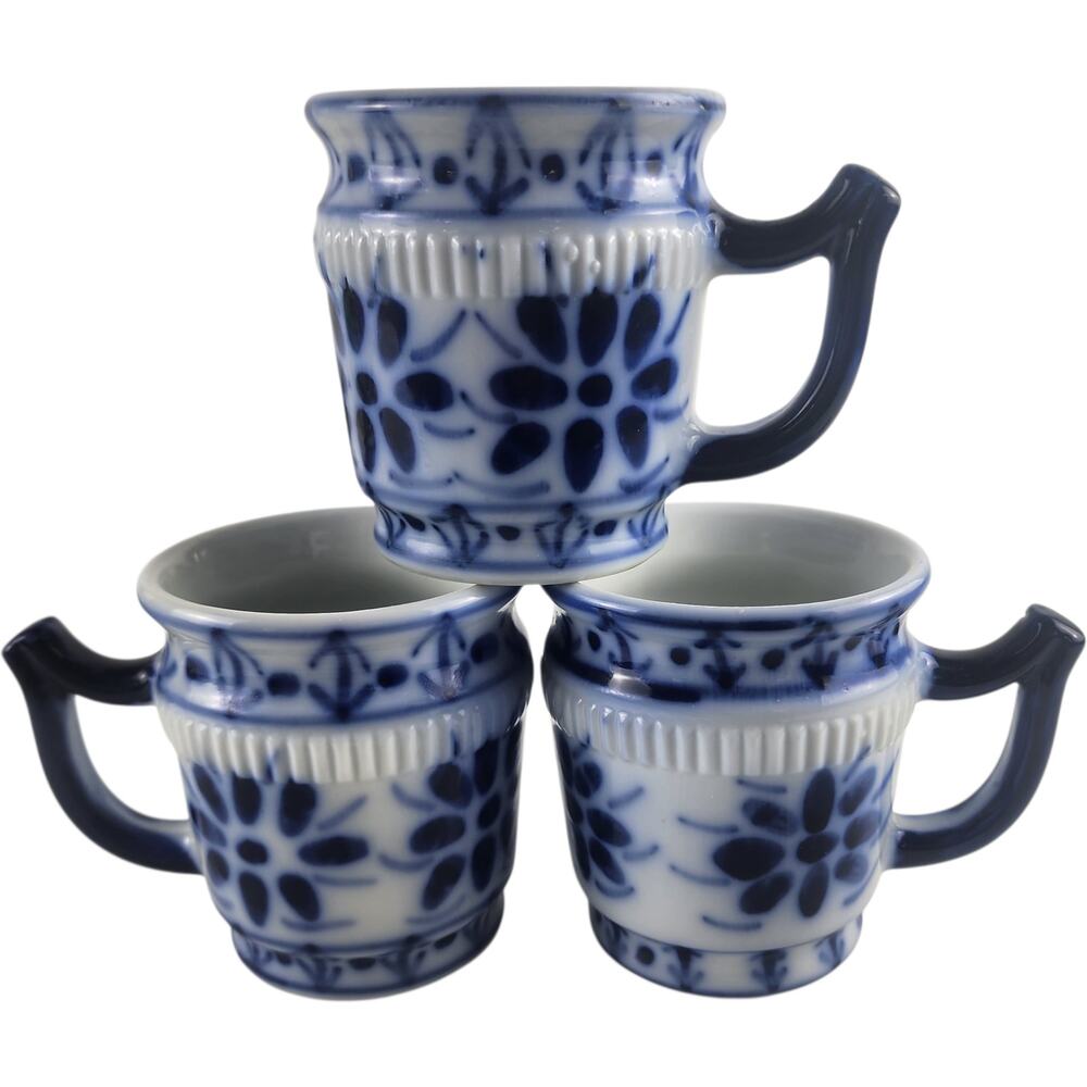 3 Vintage Monte Siao Brazilion Blue & White China Porcelain Coffee / Tea Mugs